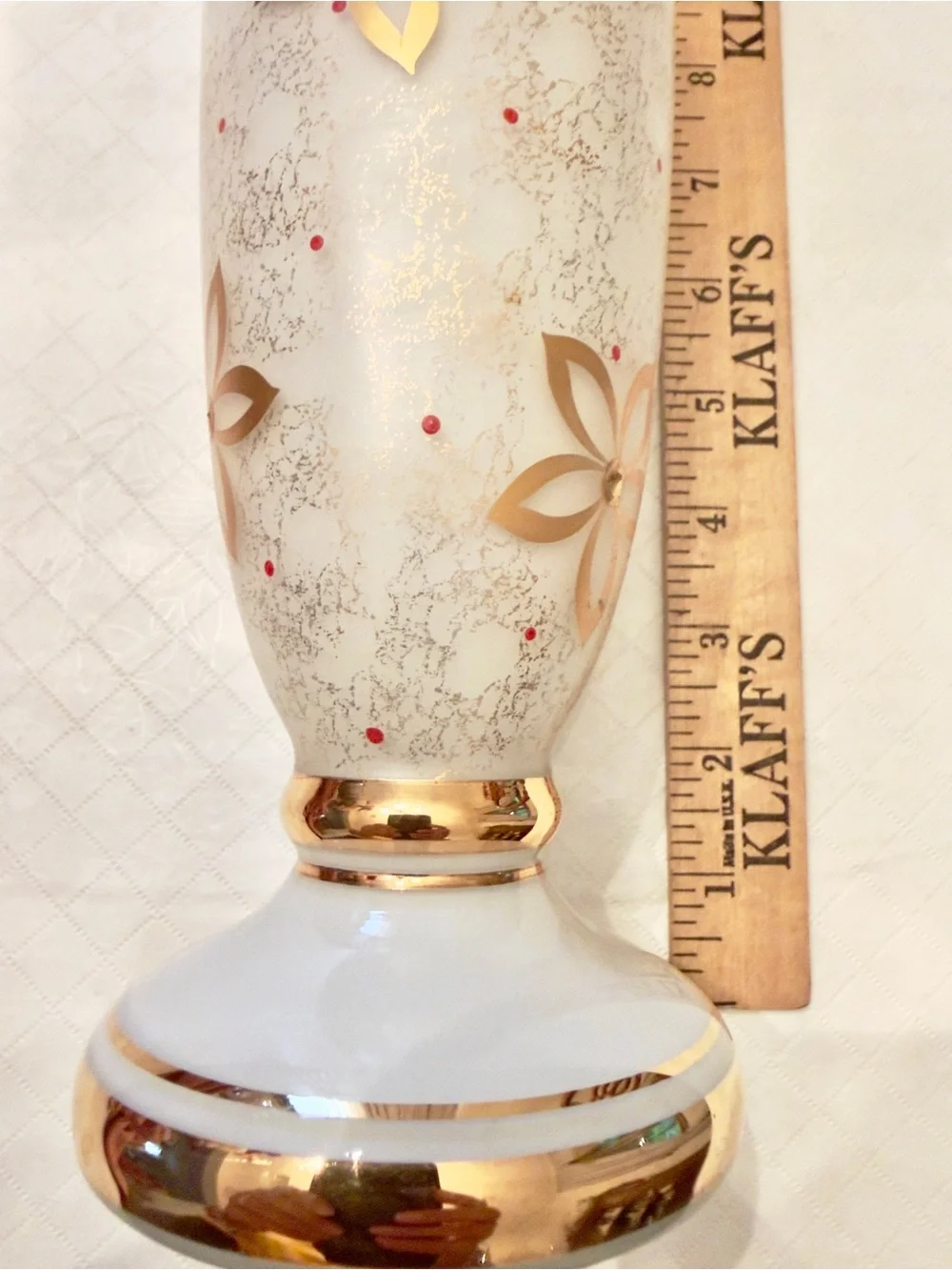 White opaline/milk glass gilded (gold) flower speckled gold stippling red dots